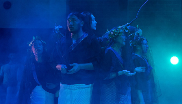Actor-singer Ted Angelo Ngkaion leads the ensemble (L-R: Nora Angeles, Mariel Olaguer, Oswald Pingol, Ted, Susan Academia-De Guzman, Abi Padilla) in chanting "from the water to the water: sa tubig nagmula, tayo ay babalik" in at least three major Philippine languages, Cebuano, Kapampangan, Tagalog and in one of two Philippine official languages, English. Photo by Yasuhiro Okada.  