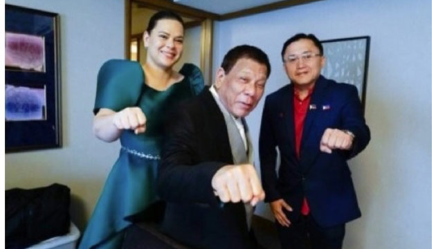 Former president Rodrigo Duterte with daughter Vice President Sara and Sen. Bong Go in a 2019 photo when they attended the enthronement of Japanese Emperor Naruhito. Malacañang photo