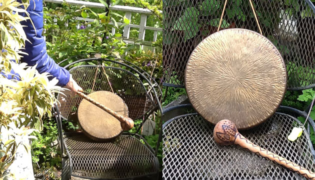 Eleanor’s  noisemakers include an antique gong from the Philippines, a handmade Fijian tribal head buster (much like a modern cop’s billy club)  and  a whistle. 