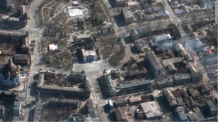 Credit: General view of the remains of the Drama Theatre in Mariupol, which was hit by a bomb when hundreds  of people were sheltering inside. Handout picture released Mar 18, 2022 by Azov Handouts, Reuters.
