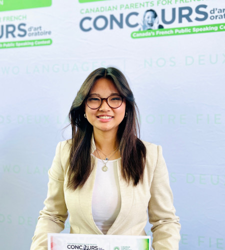 Mireia is the 2025 BC/Yukon Region champion in her category (Grade 11 Early Immersion) in Concours d’art oratoire.
