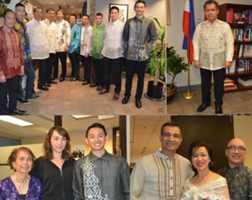Clockwise from top left: Edwin Villalon of the consulate models a creation by Patis Tesoro; Hervee Tan in a modern Barong; Consul Rogelio Villanueva; Michaelangelo Dakudao (with bouquet) is joined  by Member of Parliament Joe Peschisolido, Consul General and Mrs. Neil Ferrer, members of the Anyone Can Act Theatre (ACAT), and models.