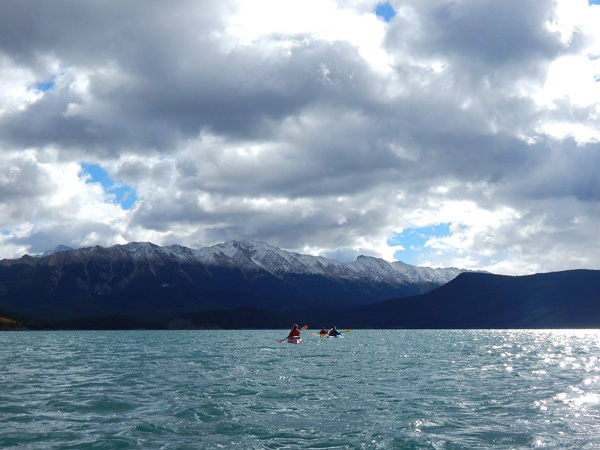 Overnight kayaking at Upper Kananaskis Lake in Alberta.